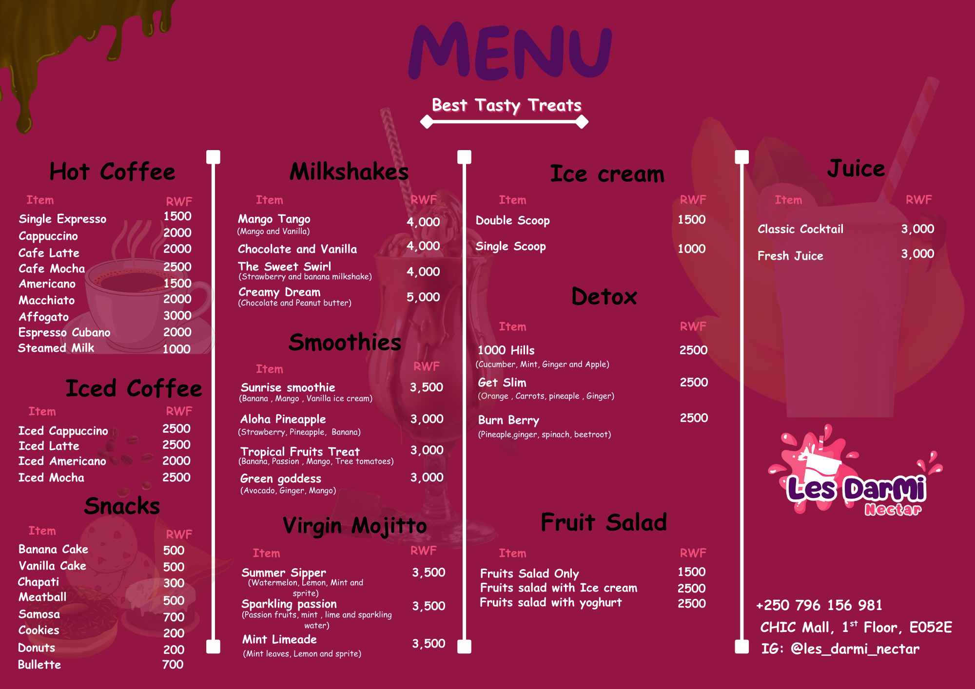 Les DarMi Menu — smoothie and juice menu design